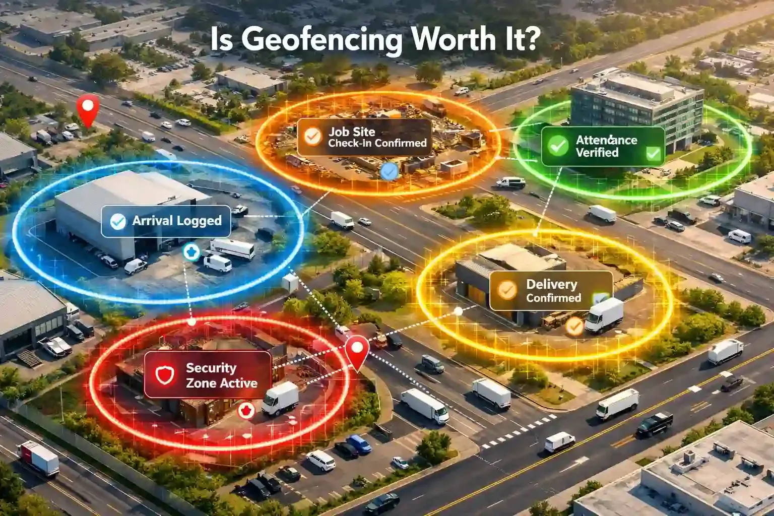 Geofencing automation zones triggering arrival, delivery, and security alerts